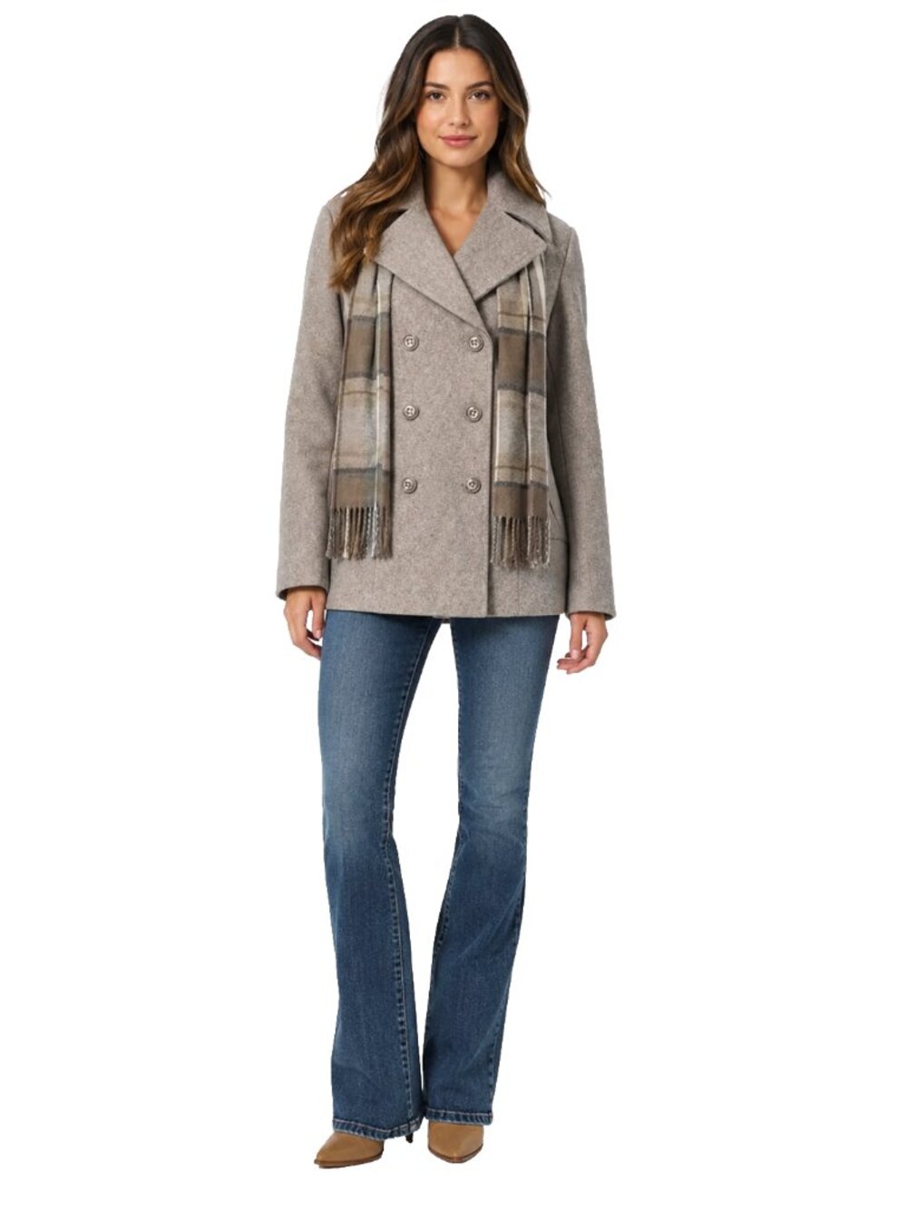 London Fog XL Wool Blend Peacoat w Plaid Scarf Taupe Quiet Luxury